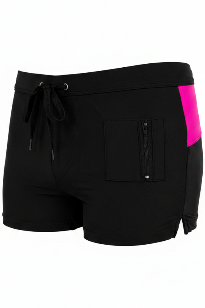 Badebukse trunk for menn svart med rosa detaljer front/side view Fjord Vibes of Norway