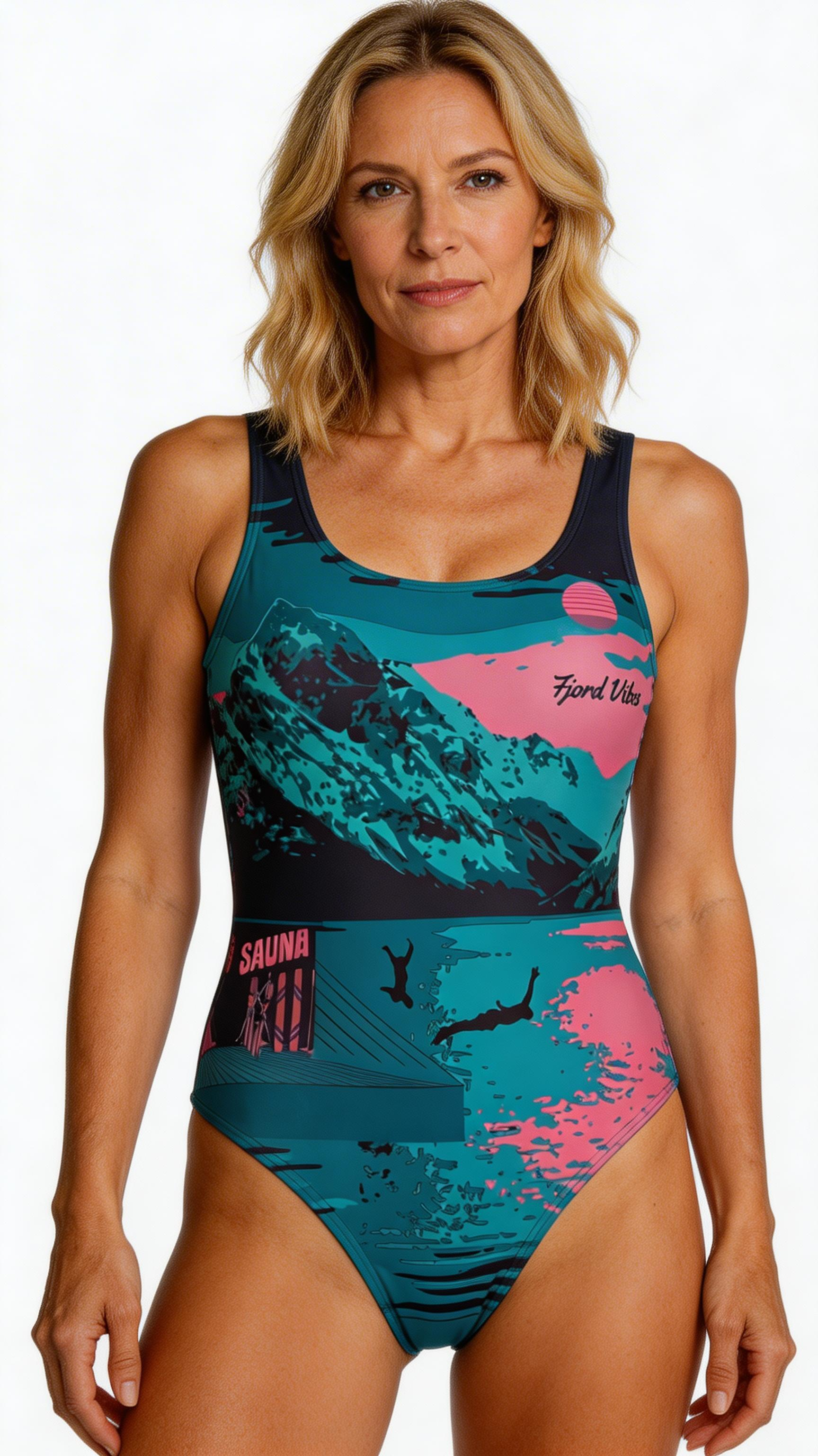 badededrakt med motiv av fjord og fjell i blå-rosa toner