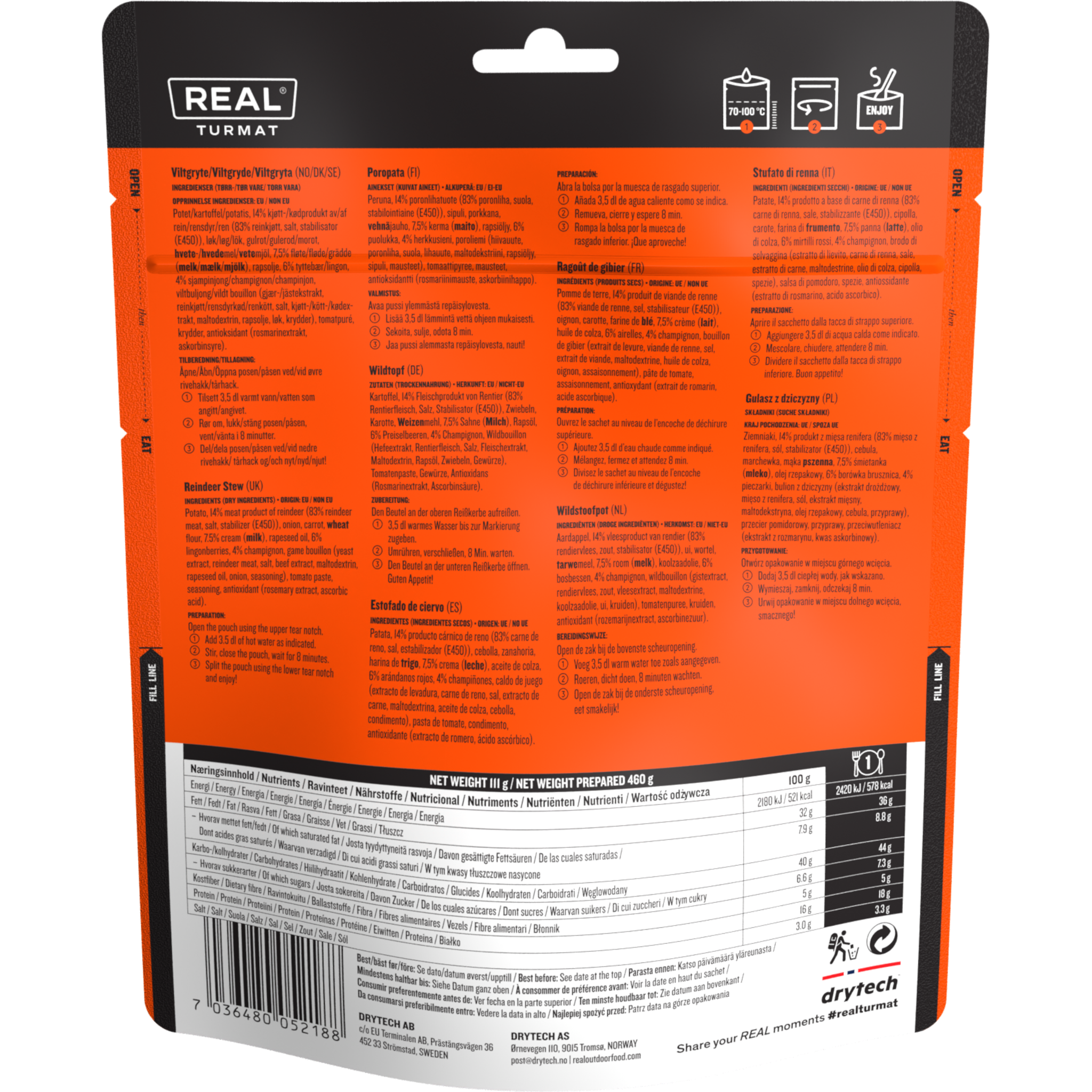 bilde av innholdsfortegnelsen i real turmat sin viltgryte laget av DryTech
