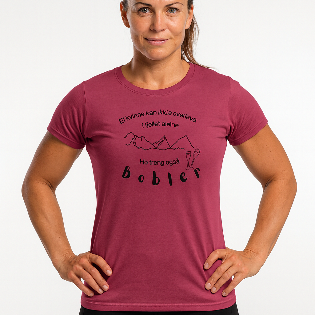 bilde av en atletisk dame med en rosa t-skjorte med fjell og prosecco motiv