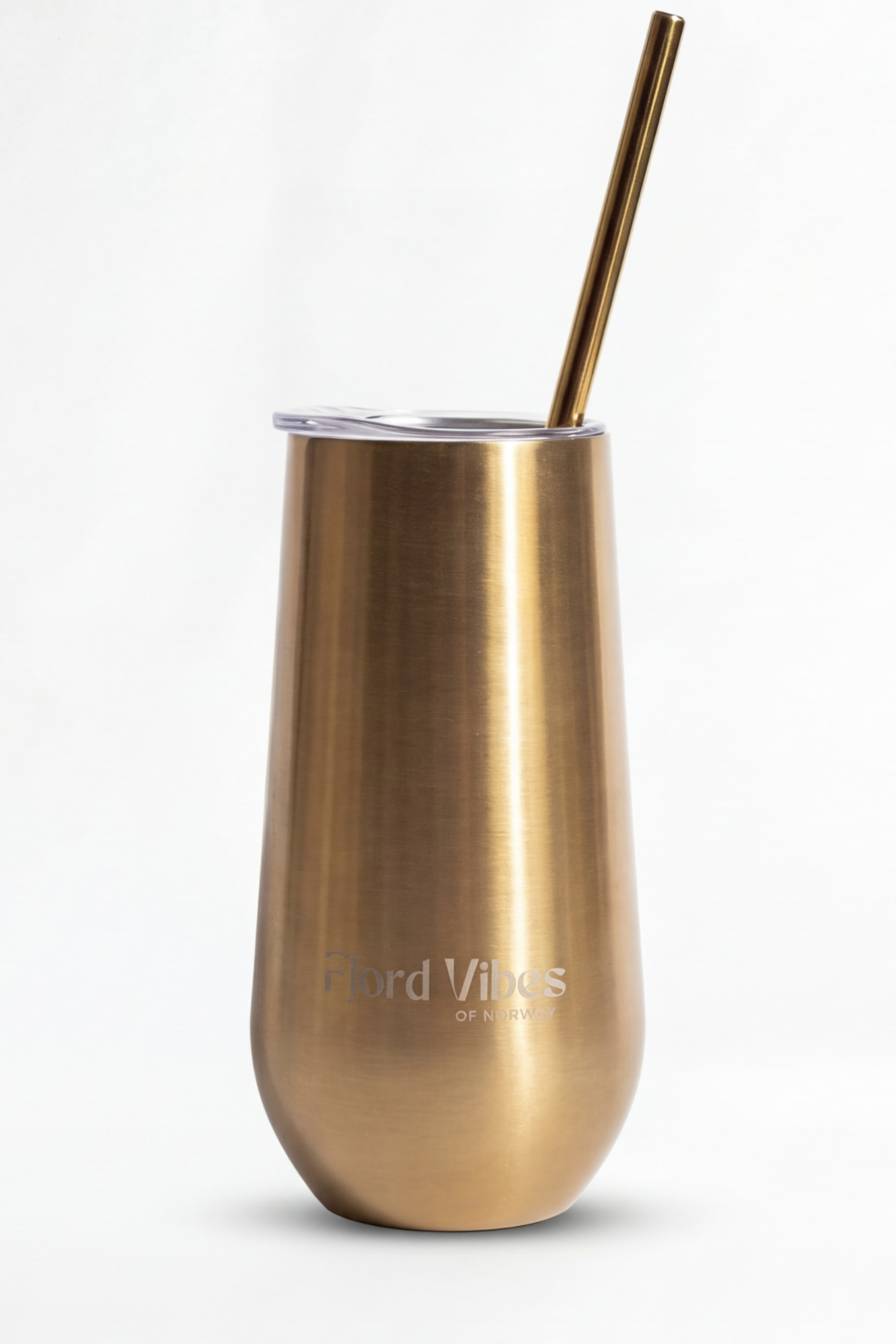 prosecco termokopp i gullfarge med lokk og sugerør i åpningen i lokket