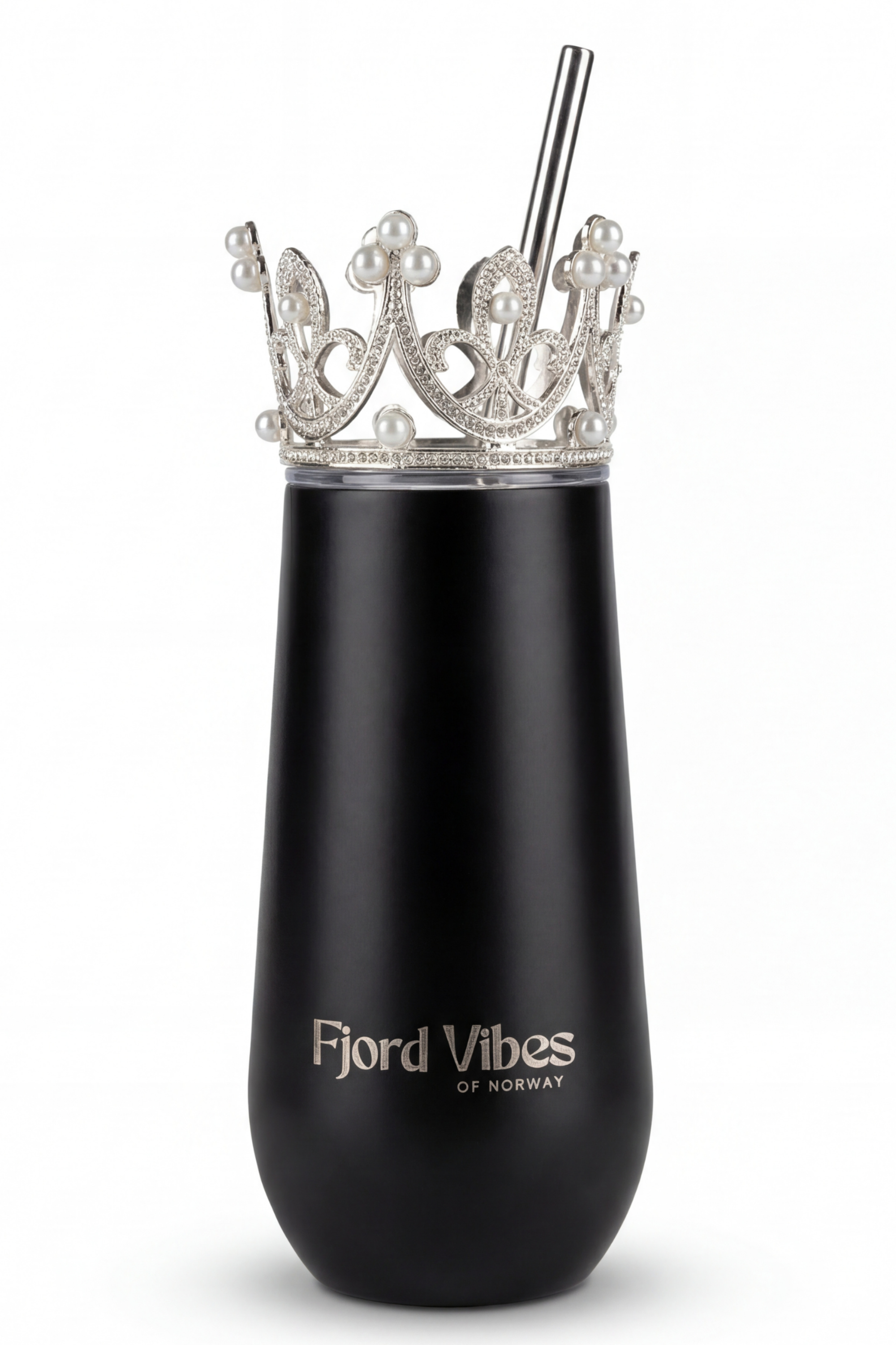 Prosecco - Champagne termokopp - Svart termokopp proseccokopp med prinsessekrone og sugerør fjord vibes of norway