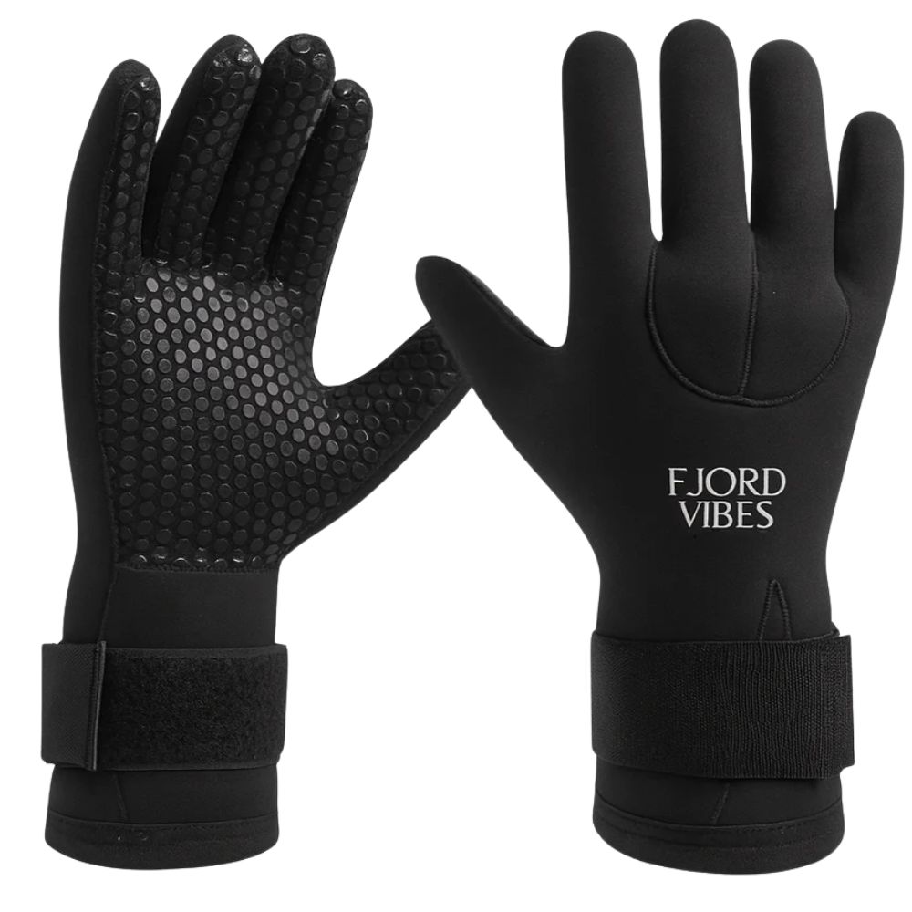Svarte neopren hansker 5mm  med Fjord Vibes logo