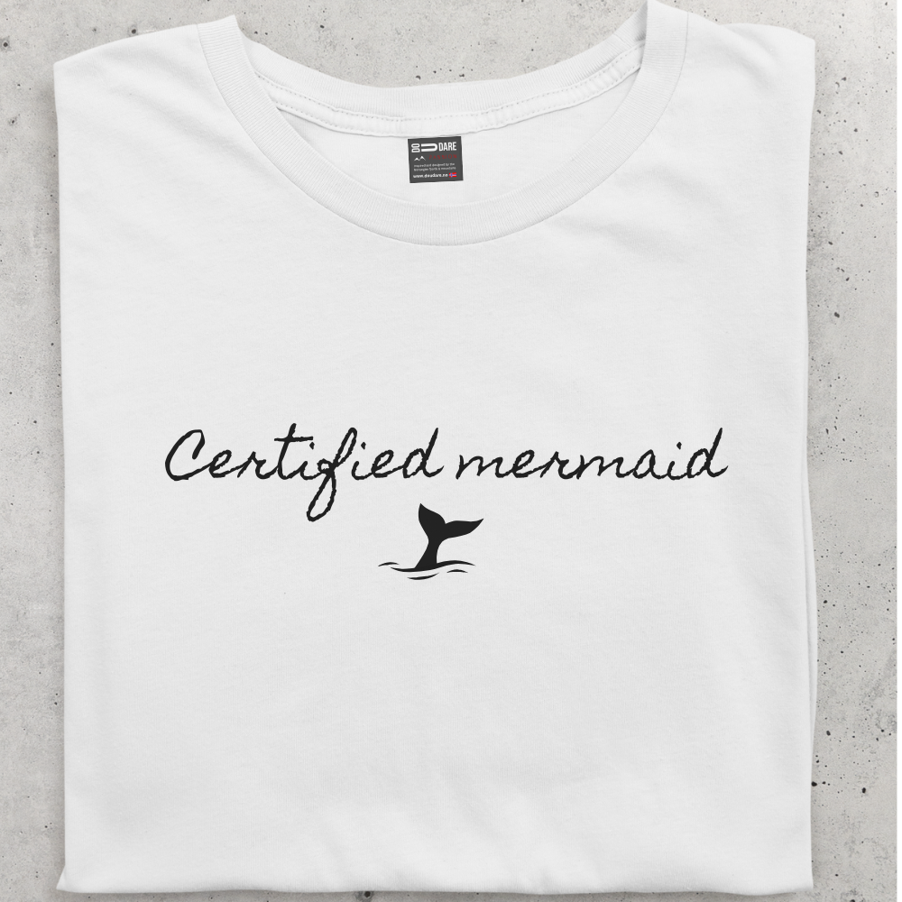 Hvit sammenlagt unisex t-skjorte med isbading motiv Certified Mermaid fra DoUdare