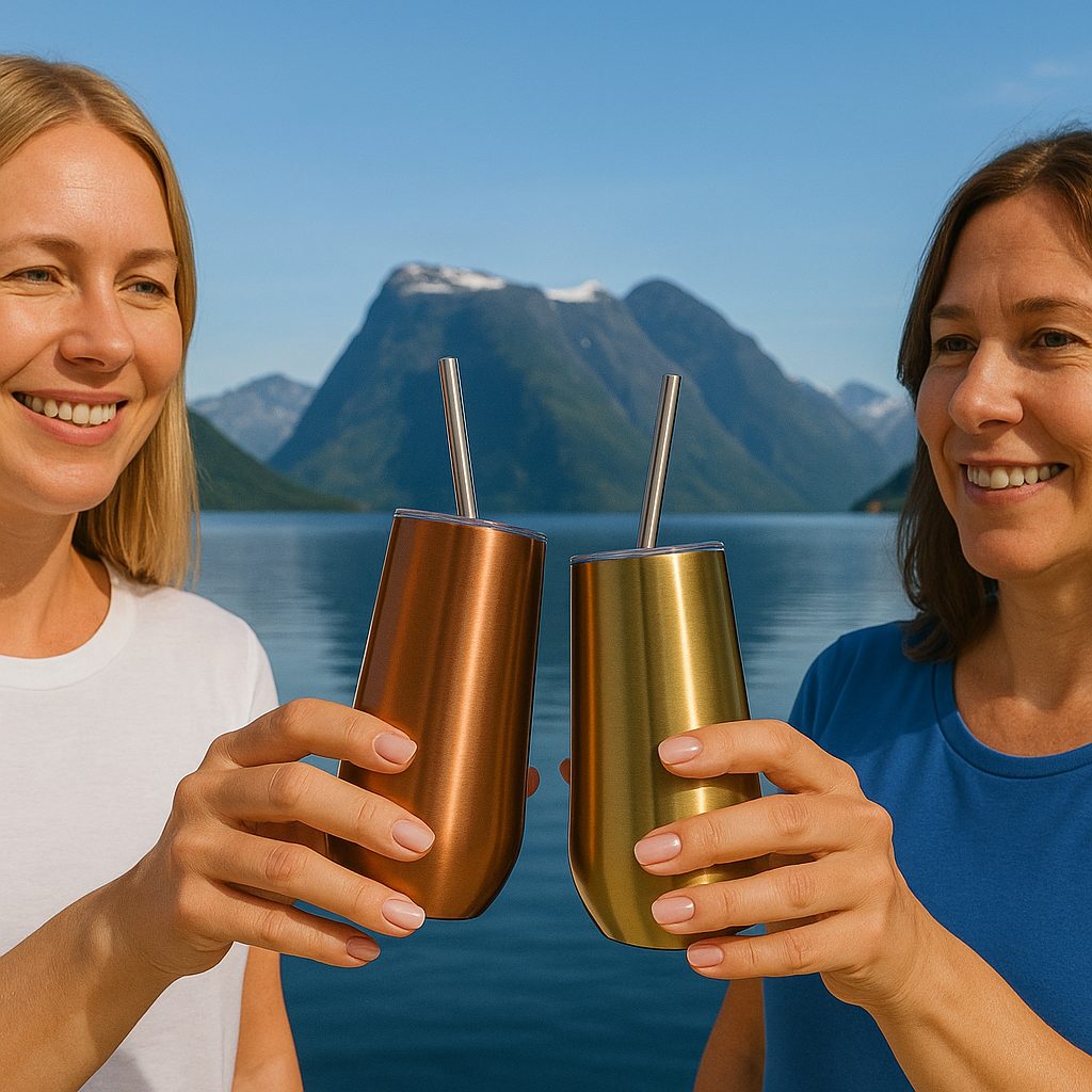 To damer som skåler med hver sin prosecco kopp foran en fjord med høye fjell i bakgrunnen