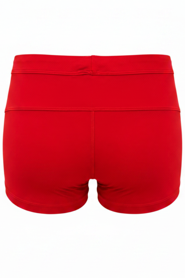 Rød Lauritz badebukse trunks for menn med snøring og lomme med glidelås fra Fjrod Vibes of Norway, sett bakfra
