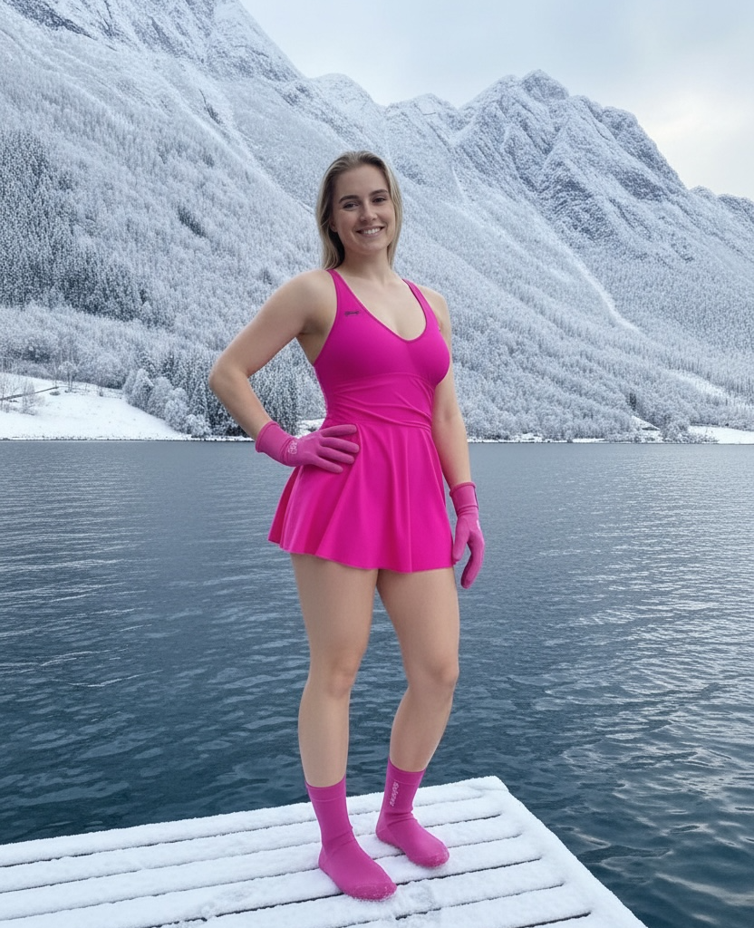 Dame som har på rosa badekjole og matchende neopren hansker og sokker. Hun står på en brygge ved en norsk fjord om vinteren