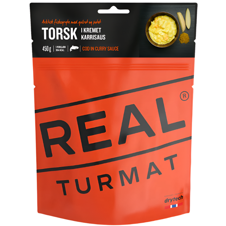 Produktbilde av real turmat sin Torsk i karrisaus gryte for friluftsliv laget av Drytech