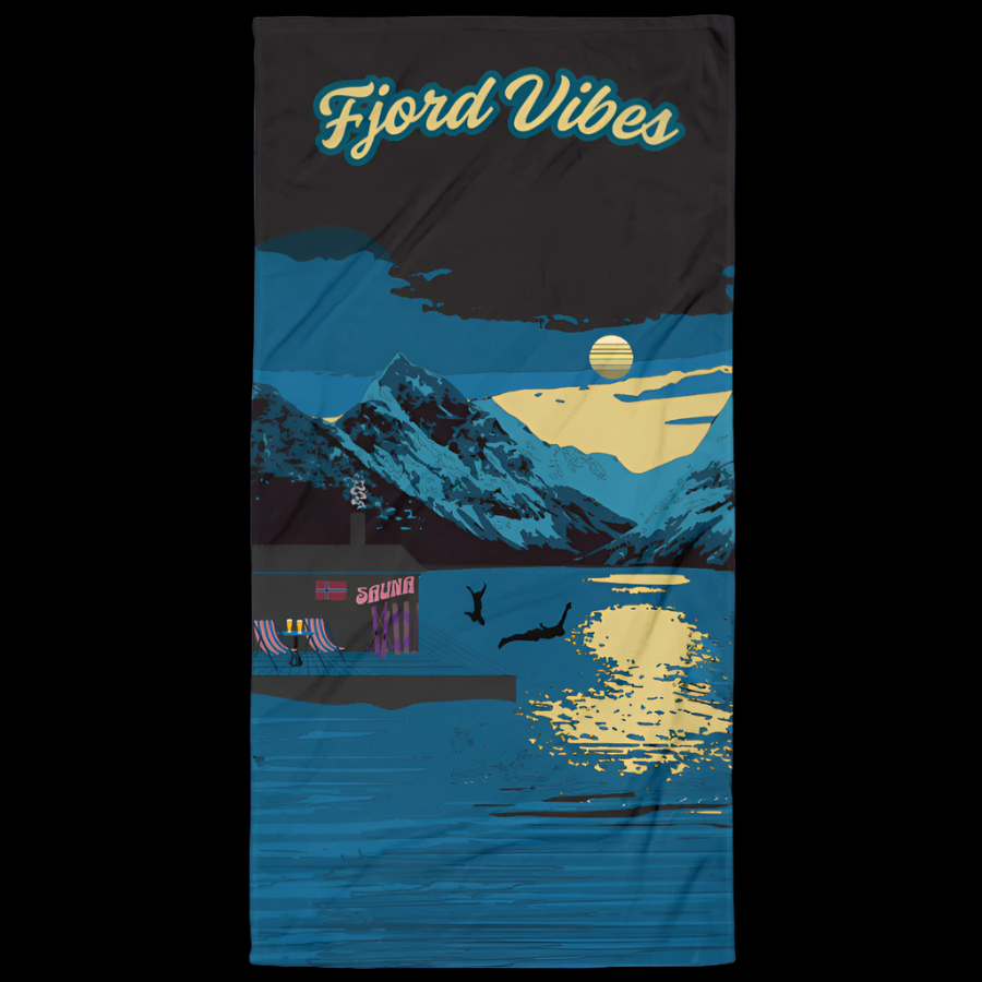gul og blå badehanduk fjordvibes med motiv fra fjord og fjell