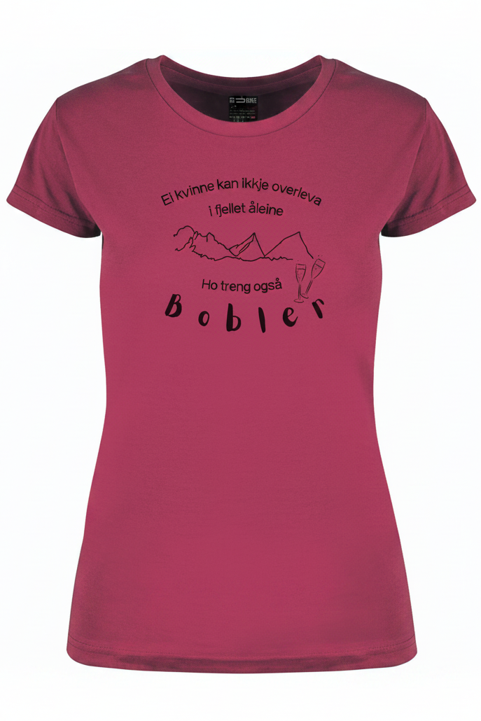 Prosecco tee  i rosa farge- Innsvinget dame modell med påskrift ei dame kan ikkje overleva i fjellet åleine, ho treng også bobler