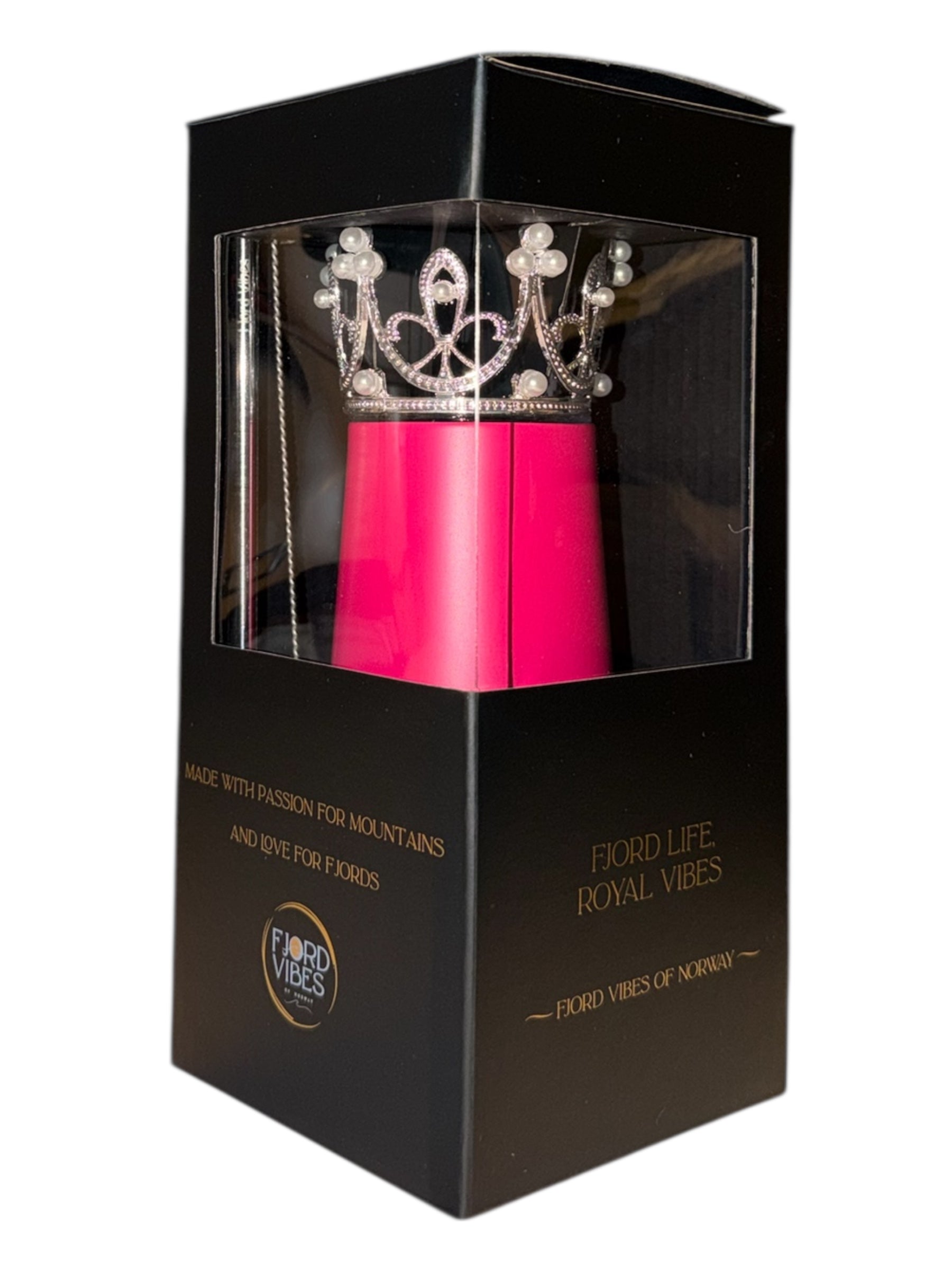 Gave-eske med proseccokopp i rosa, men prinsessekrone i sølv. Sugerør og piperenser følger med på kjøpet